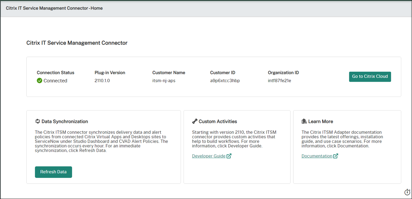 The home menu of the Citrix ITSM connector in ServiceNow