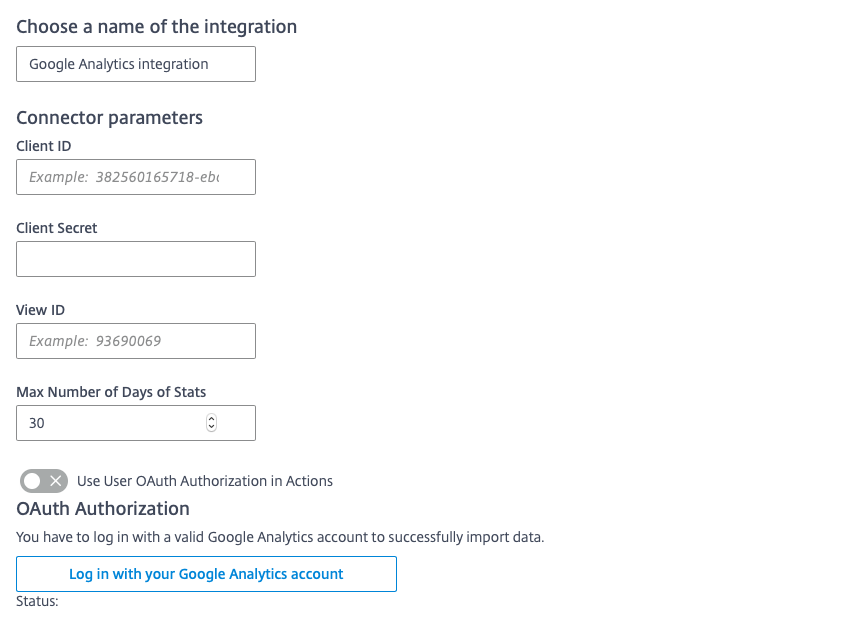 谷歌分析连接器参数，ID, Secret, View ID, Max。统计天数