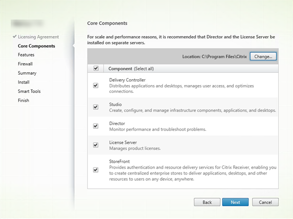 Página de components principales en el installer de components