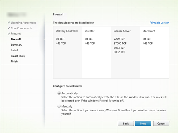 Página del Firewall en el installador de components