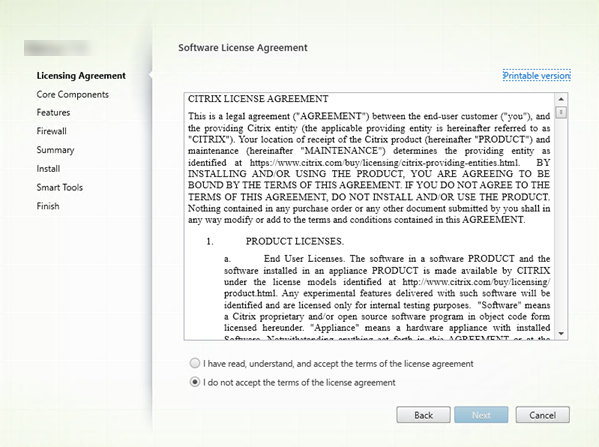 Página del contrto de license en el installador de components