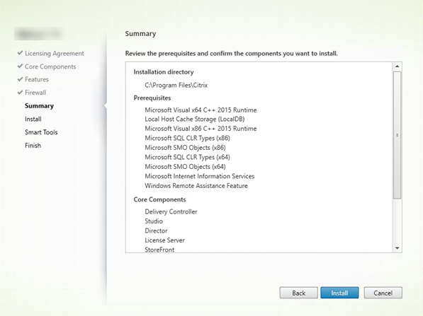 Página de resume en el installador de components