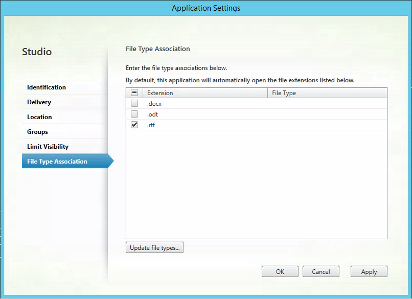 Paramètres d’application Association de type de fichier dans Studio