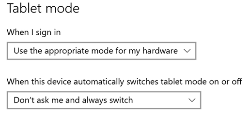 Imagem de configurações do modo Tablet