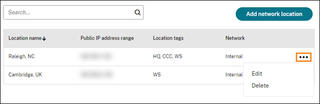 List of network locations with ellipsis button highlighted