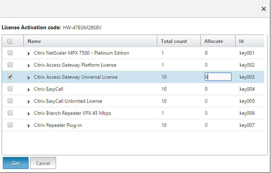 License access key allocation