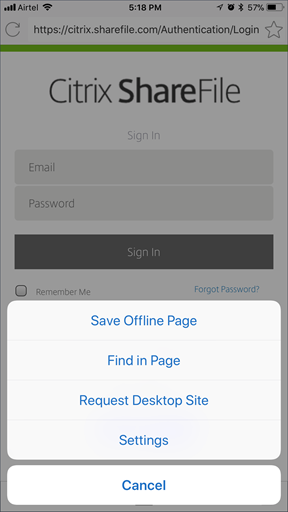 Imagem da operatal<e:1> o Solicitar site de área de trabalho do Secure Web para iOS