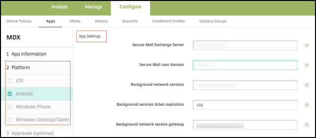 Seleccione Plataforma y configure las directivas