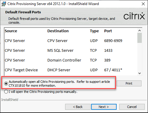 自动打开所有Citrix Provisioning端口