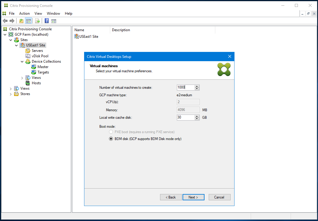 Assistant d'installation : Nombre de machines virtuelles, cache local et taille de machine