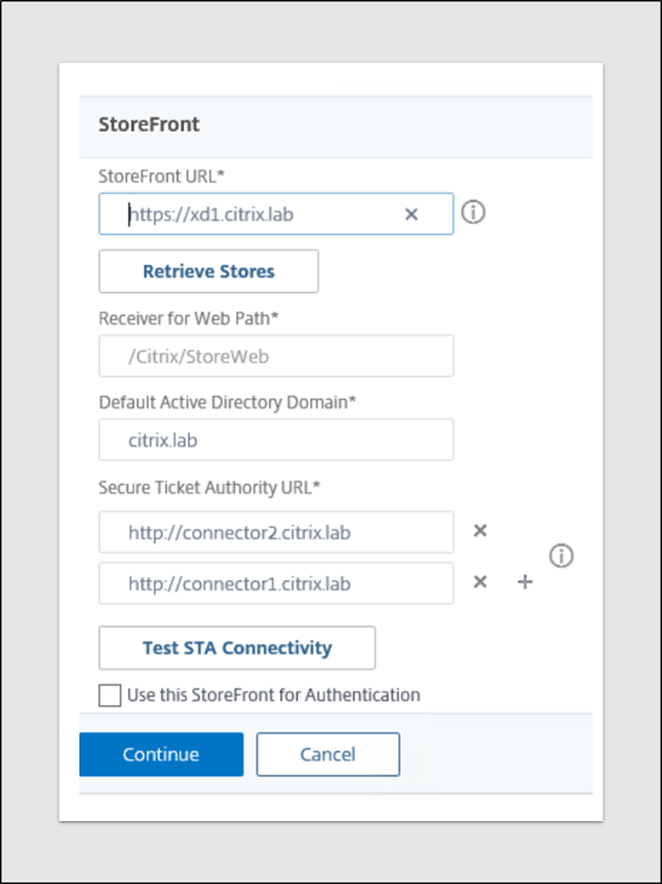 Saisissez les détails StoreFront et testez STA