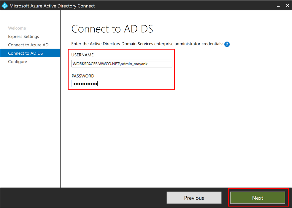 Azure AD connect AD credentials