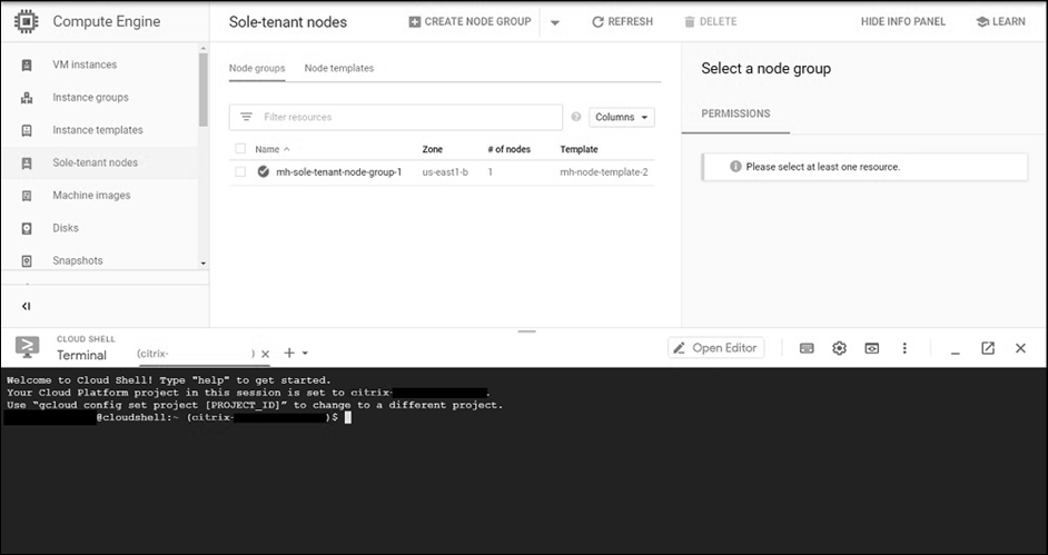 Fenêtre du terminal Google Cloud Shell