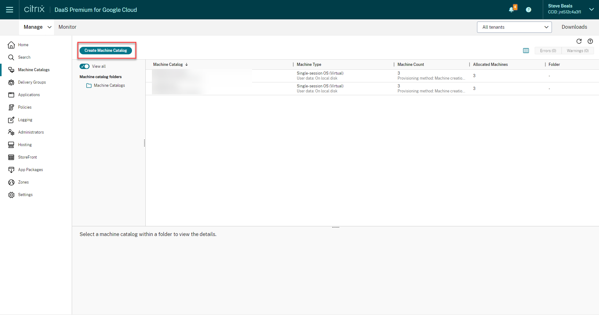 Machine Catalogs screen