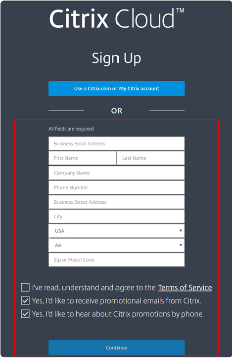 Citrix Virtual Desktops サービス-会社の詳細を入力し、TOSに同意します