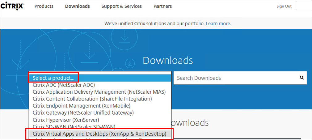 Service Citrix Virtual Desktops - Sélectionnez CVAD dans la liste déroulante