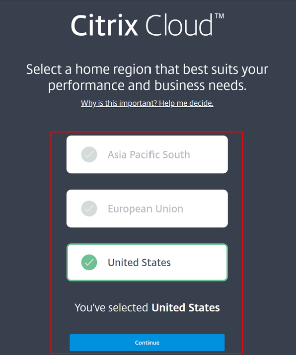 Service Citrix Virtual Desktops - Sélectionnez une région d'origine