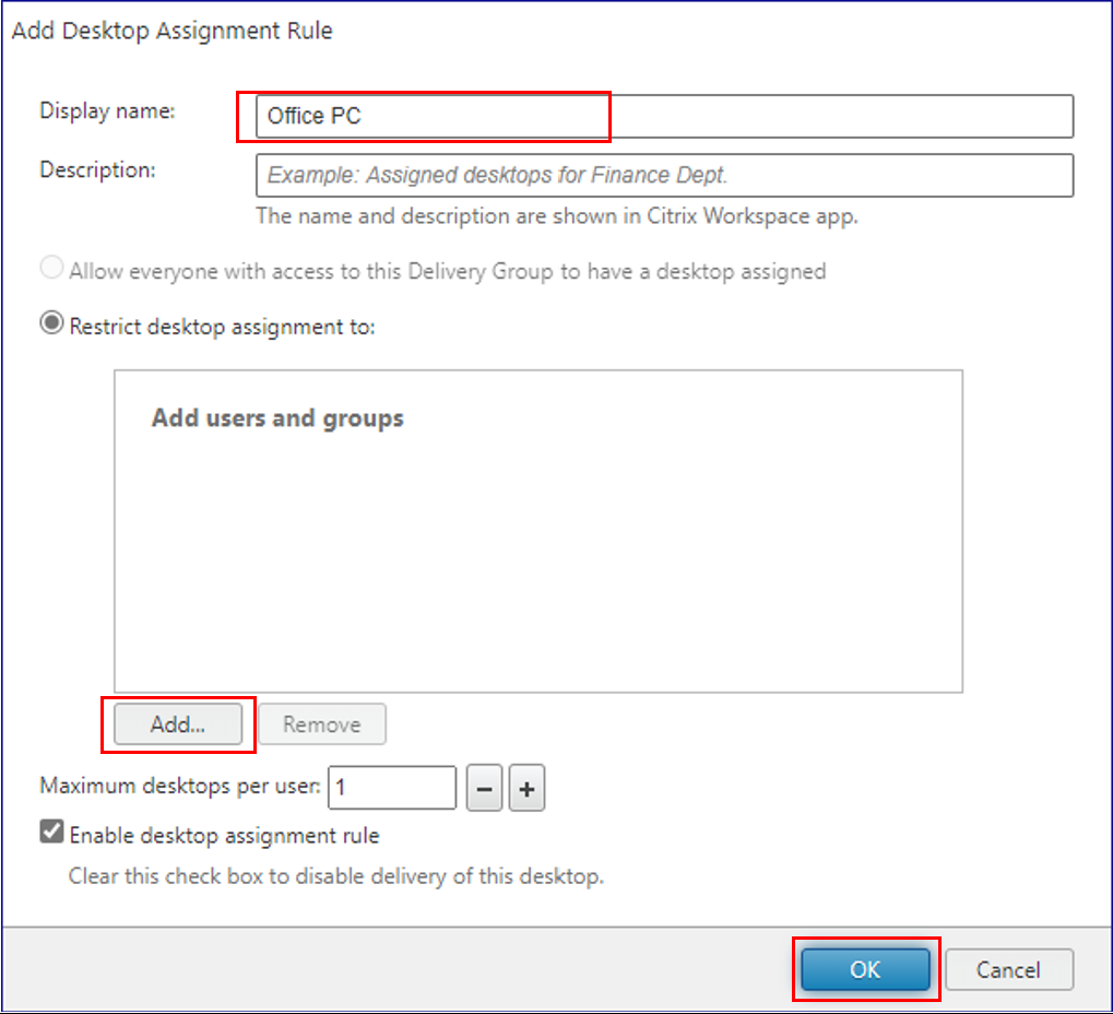 Citrix DaaS - Enter display name of Delivery Group and click Add