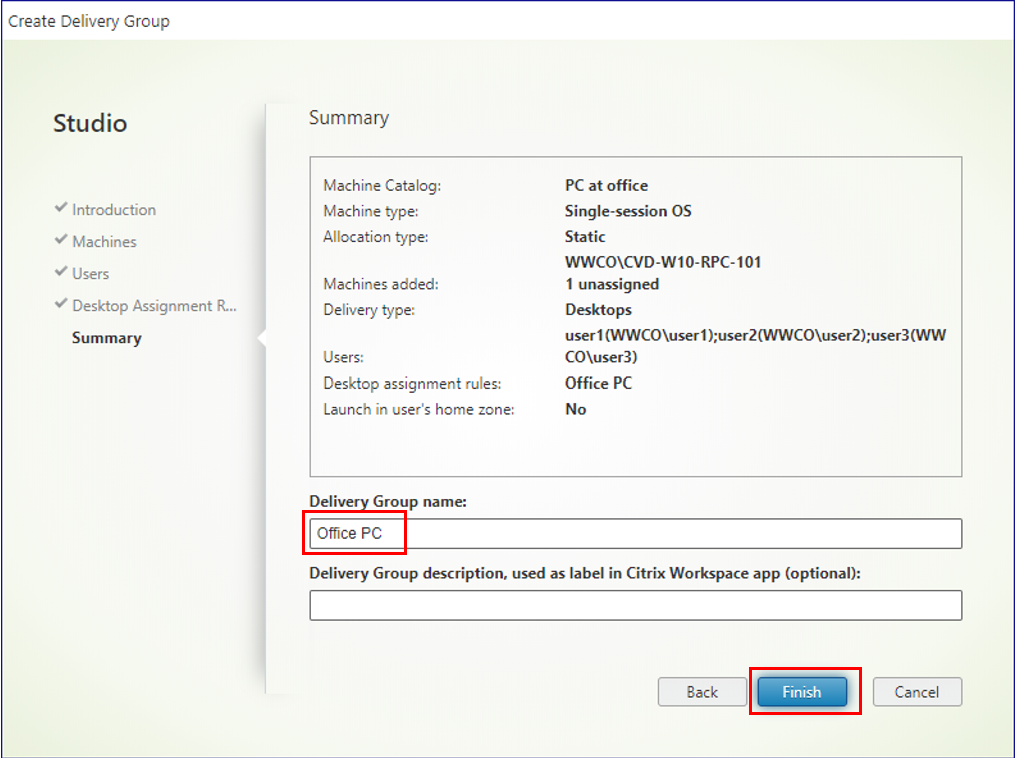 Citrix DaaS - Enter Delivery Group name and start creation