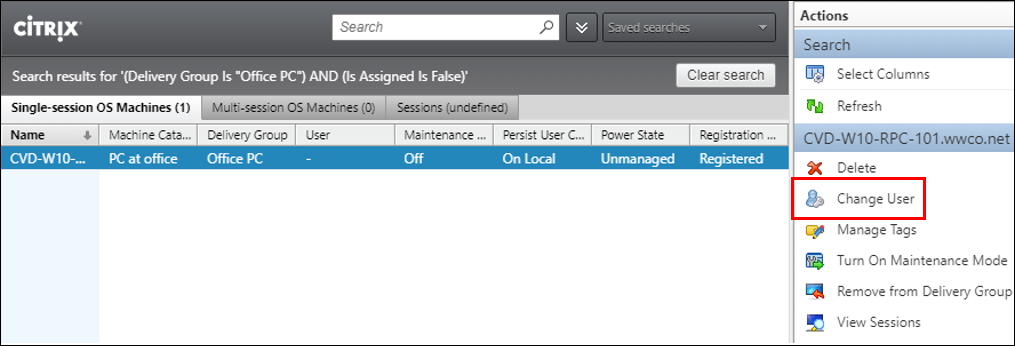 Citrix DaaS - Select machine and click Change User