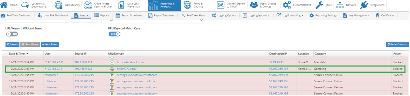 Web Category 777 bloqué via IPSec Tunnel Reporting Stats