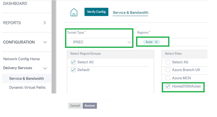 Selección del sitio del túnel de servicio Citrix SIA