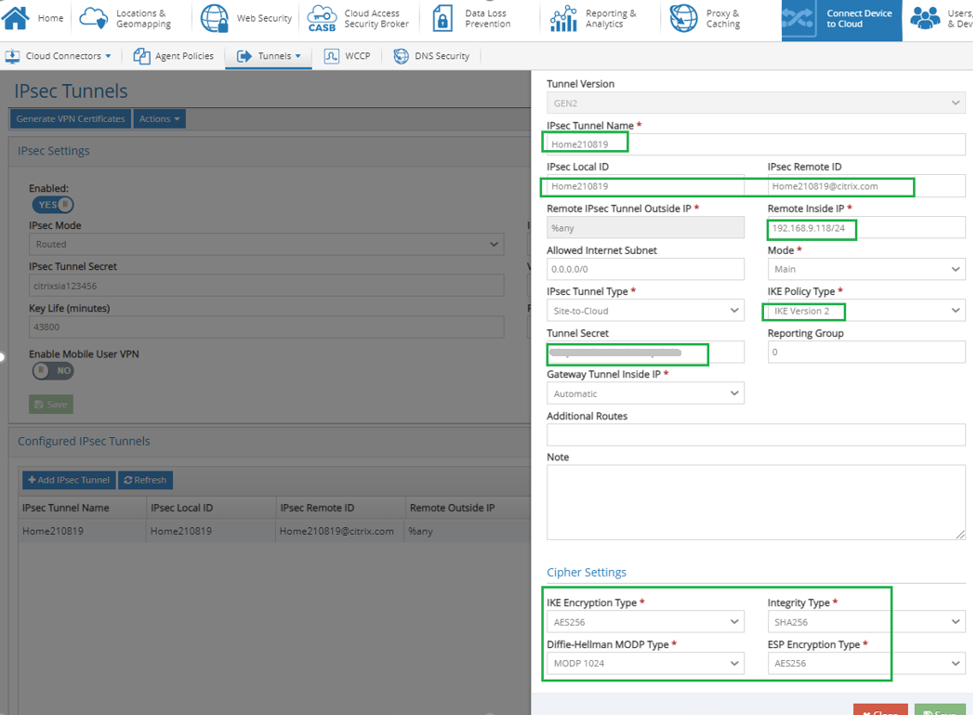 Verificación de configuración del túnel IPsec del servicio Citrix SIA