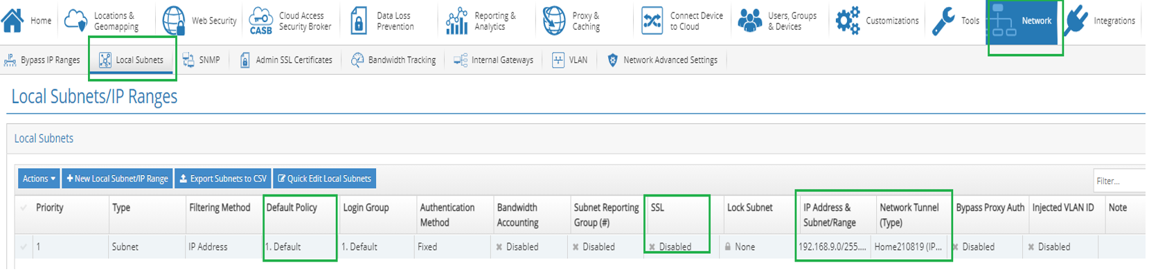 Subredes locales del túnel de servicio Citrix SIA