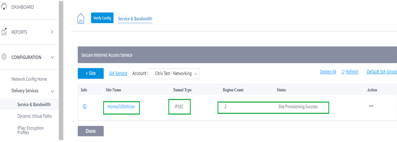 Verificación del aprovisionamiento del servicio Citrix SIA