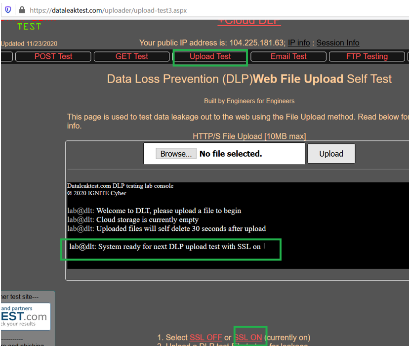 Prueba DLP del sitio de fuga de datos con SSL ON