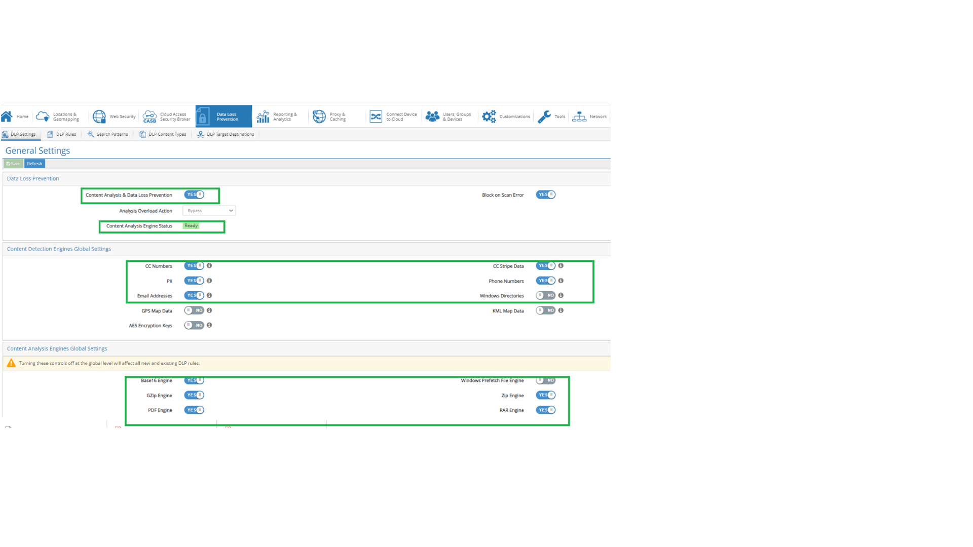 Comprobación de configuración de DLP