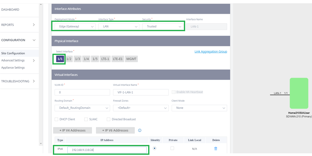 Detalles de creación de la interfaz LAN 210 de Orchestrator