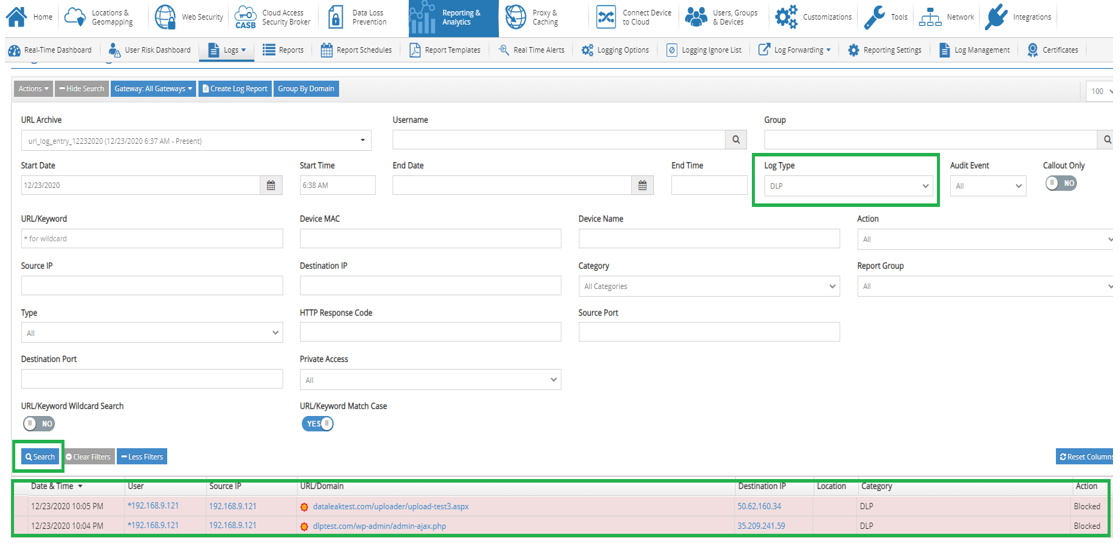 DLP reporter stats via SSL enabled Tunnel