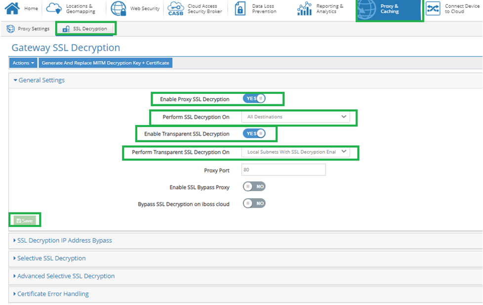 Configuración de descifrado de proxy y SSL para el túnel IPSec