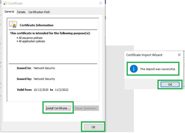 Importation de certificat SSL réussie