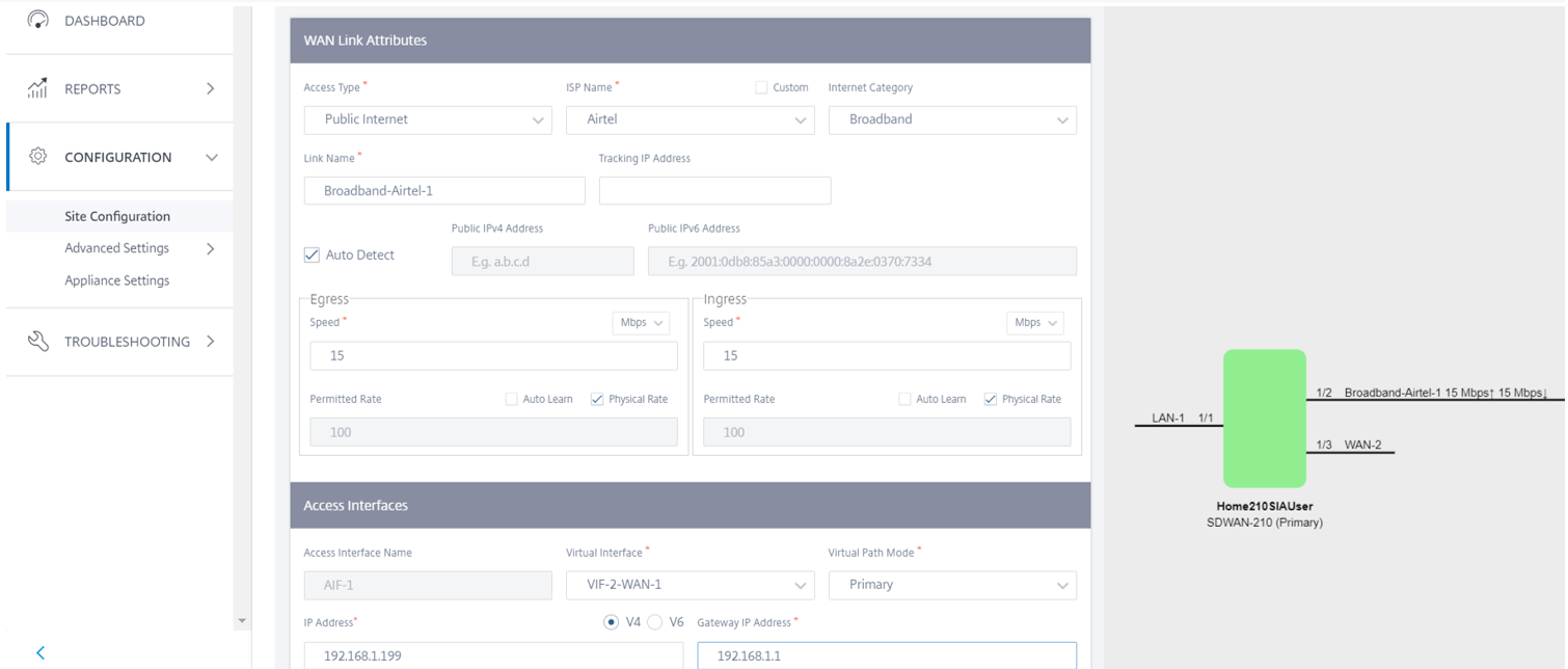 210 WAN Link 1 Access Interface creation details from Orchestrator