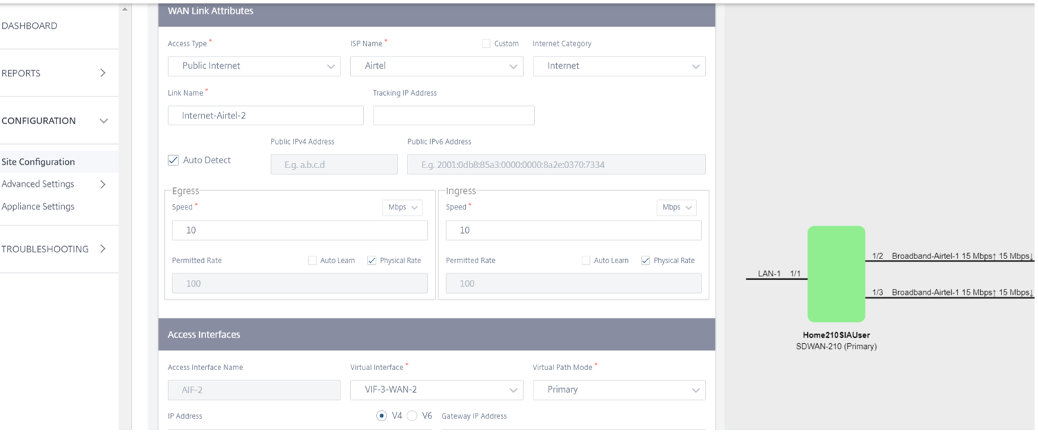 210 Détails de création de l'interface d'accès Wan Link 2 depuis Orchestrator