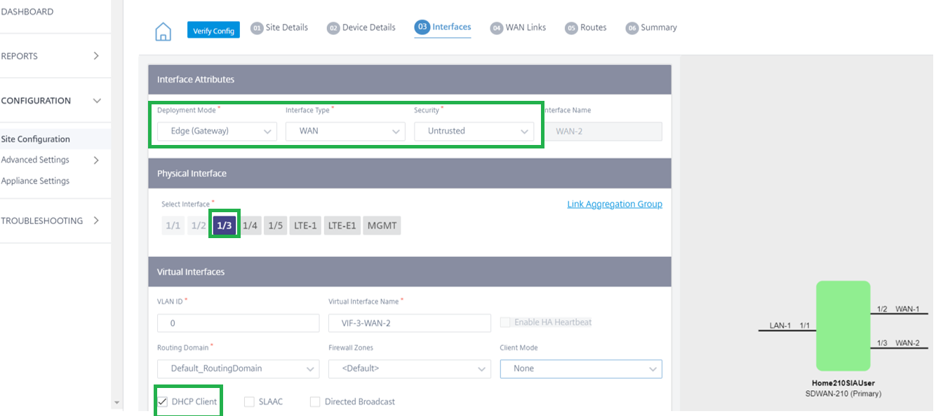 Detalles de creación de la interfaz 210 WAN Link 2 de Orchestrator