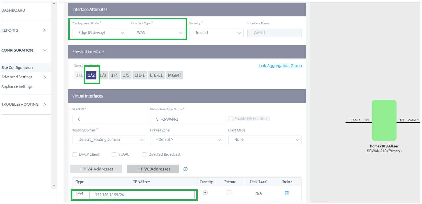 210 Détails de création de l'interface WAN Link 1 à partir d'Orchestrator