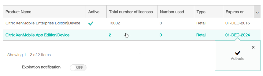 Imagen de la pantalla de configuración Licencias