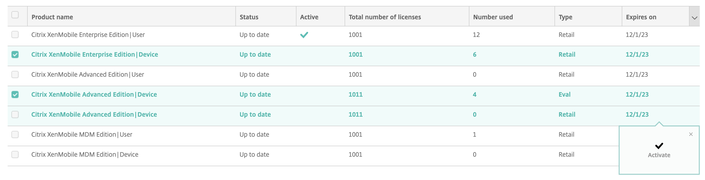 Image de l'écran de configuration des licences