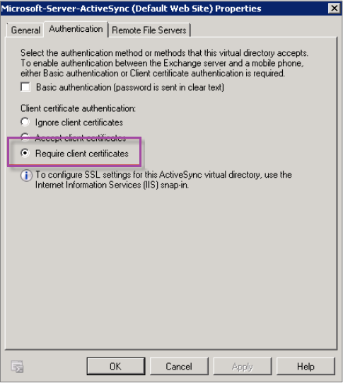 Tela de propriedades do Microsoft ActiveSync