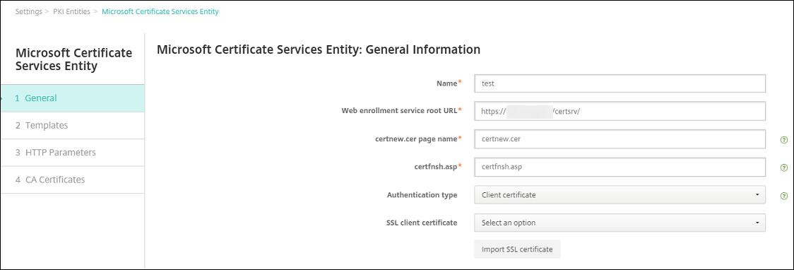 Pantalla de configuración de certificados