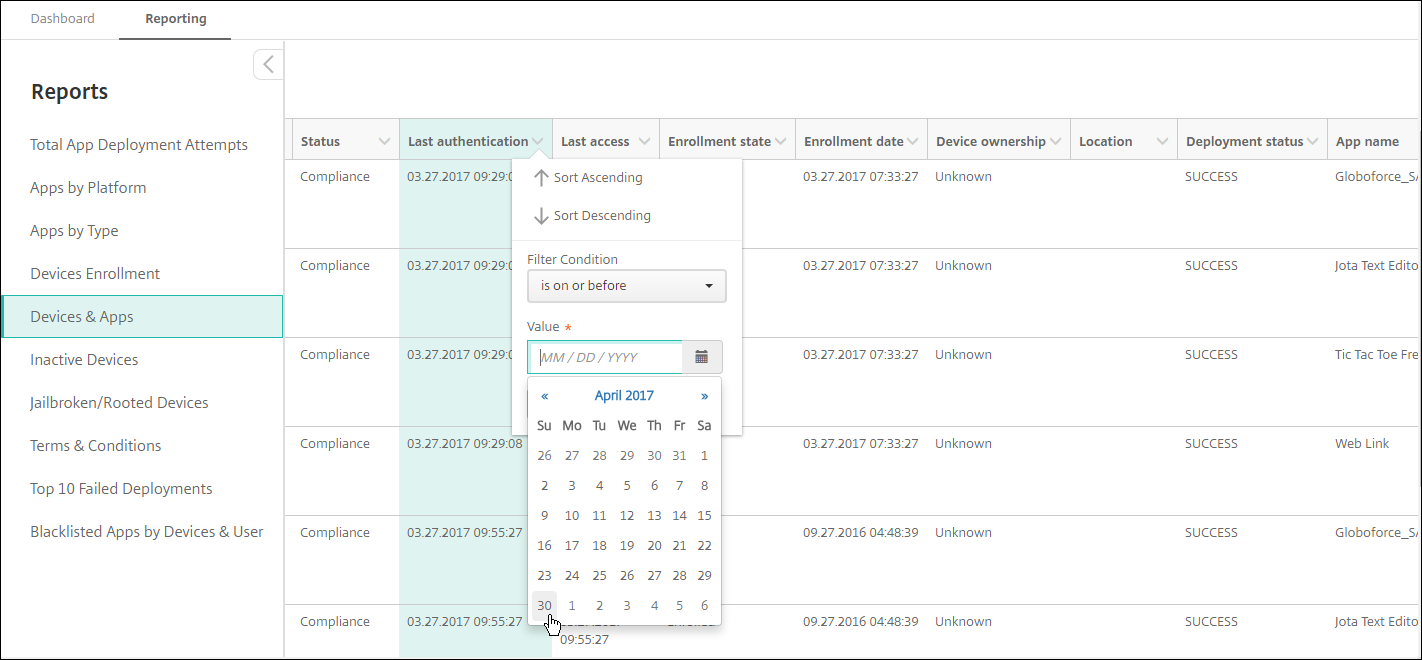 Image of report filter by date