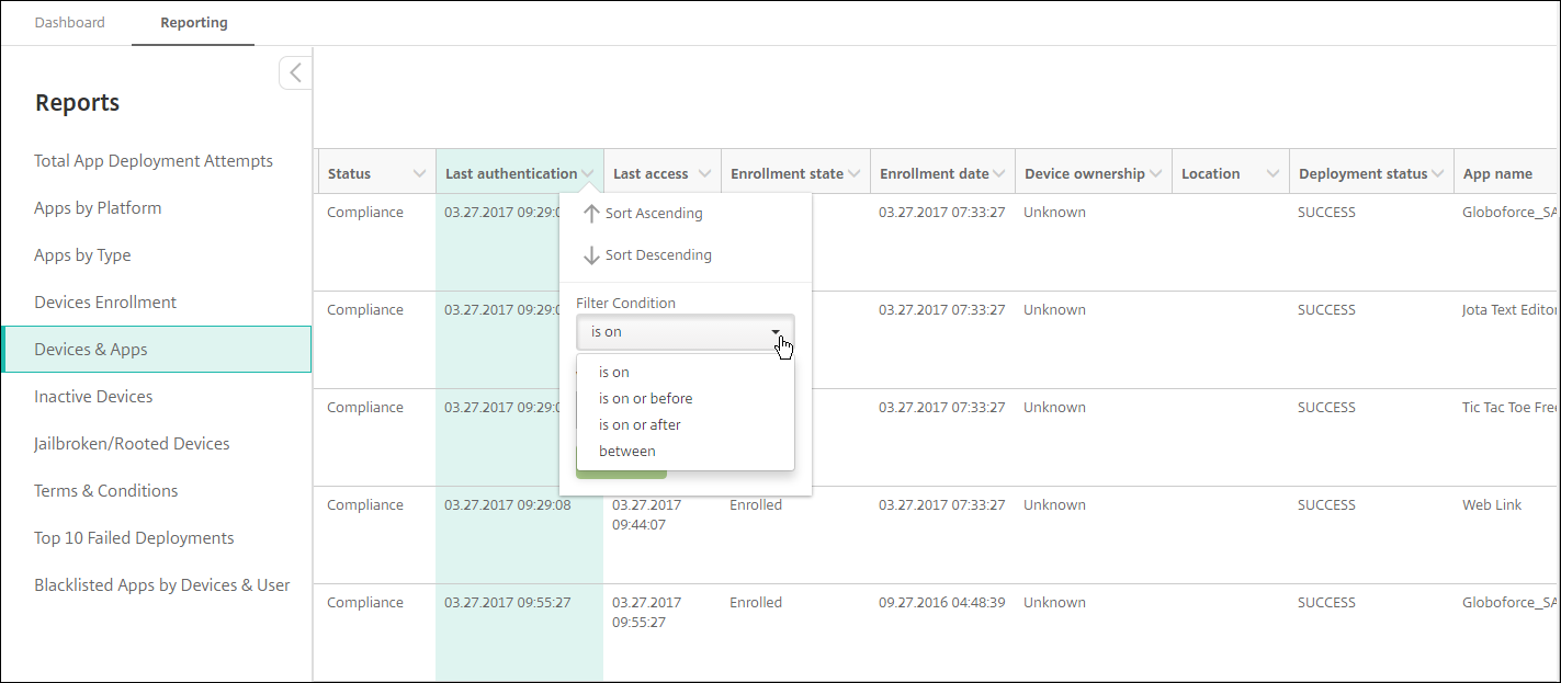 Image of report filter by date