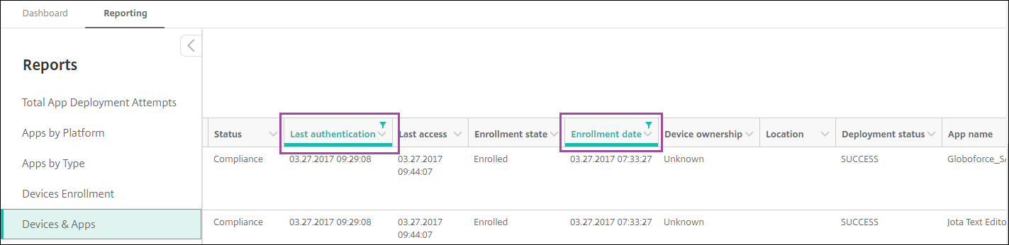 Écran du filtre de rapport par date