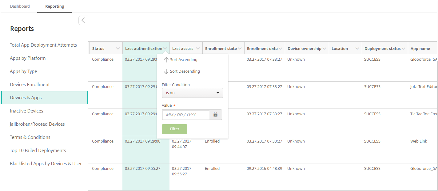 Écran du filtre de rapport par date