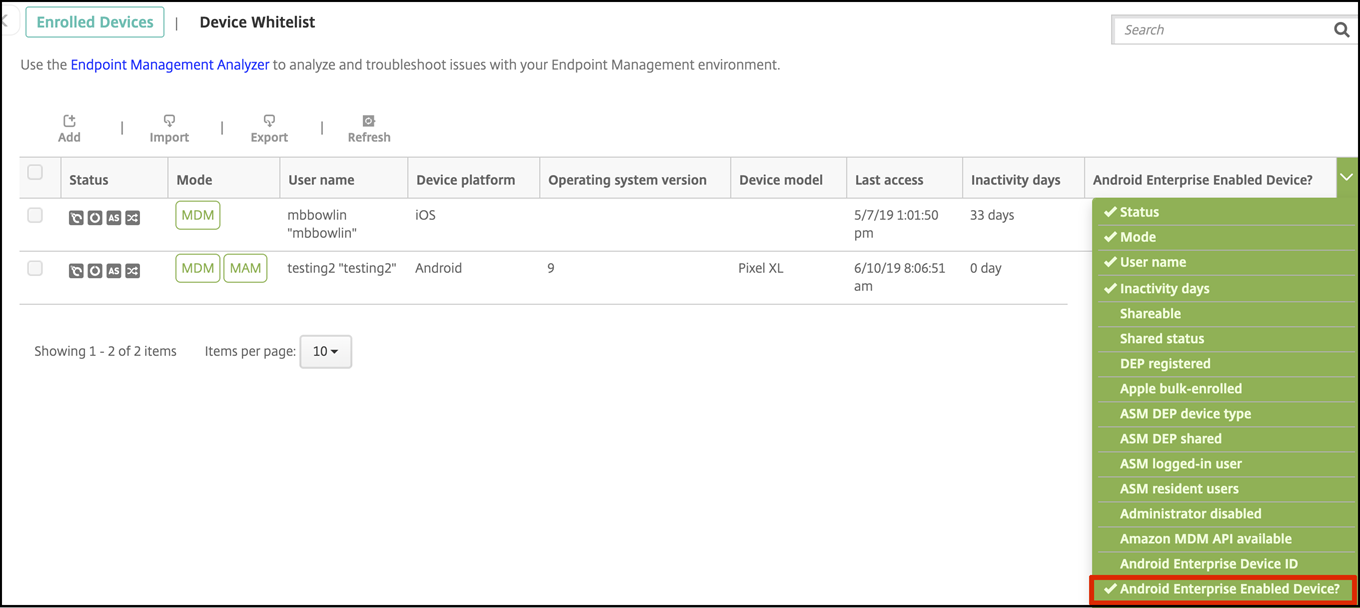 Lista de dispositivos Android Enterprise