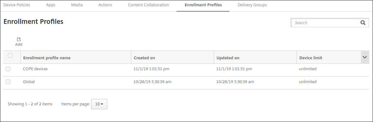 Enrollment Profiles page