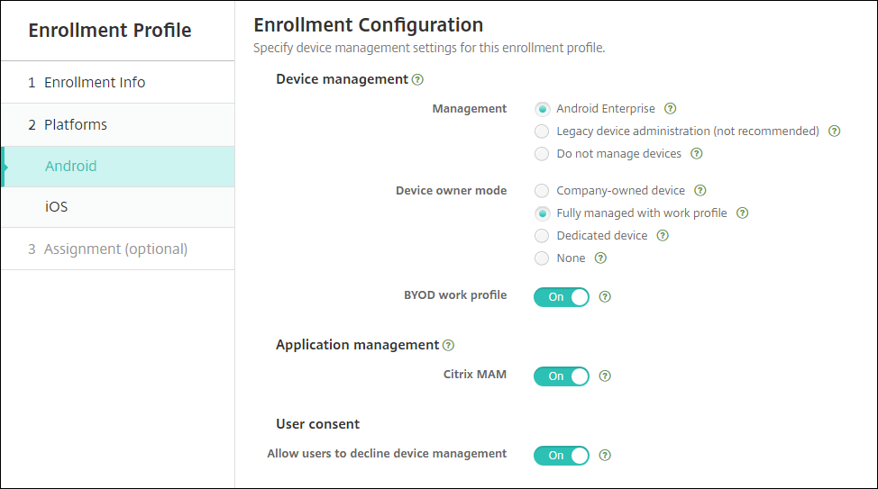 Pantalla de configuración de perfiles de inscripción